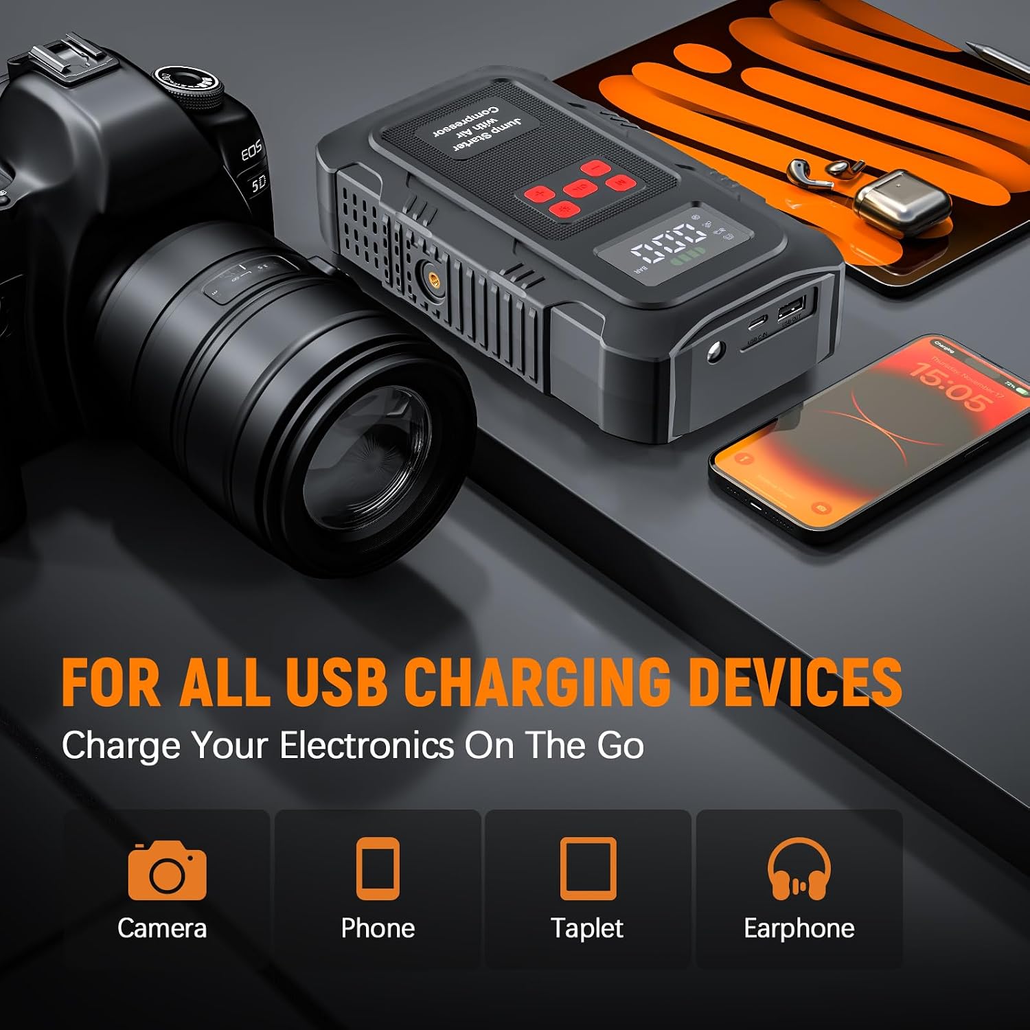 6000A Car Jump Starter with Air Compressor, 150 PSI Tire Inflator, Portable Battery Booster with LCD Display
