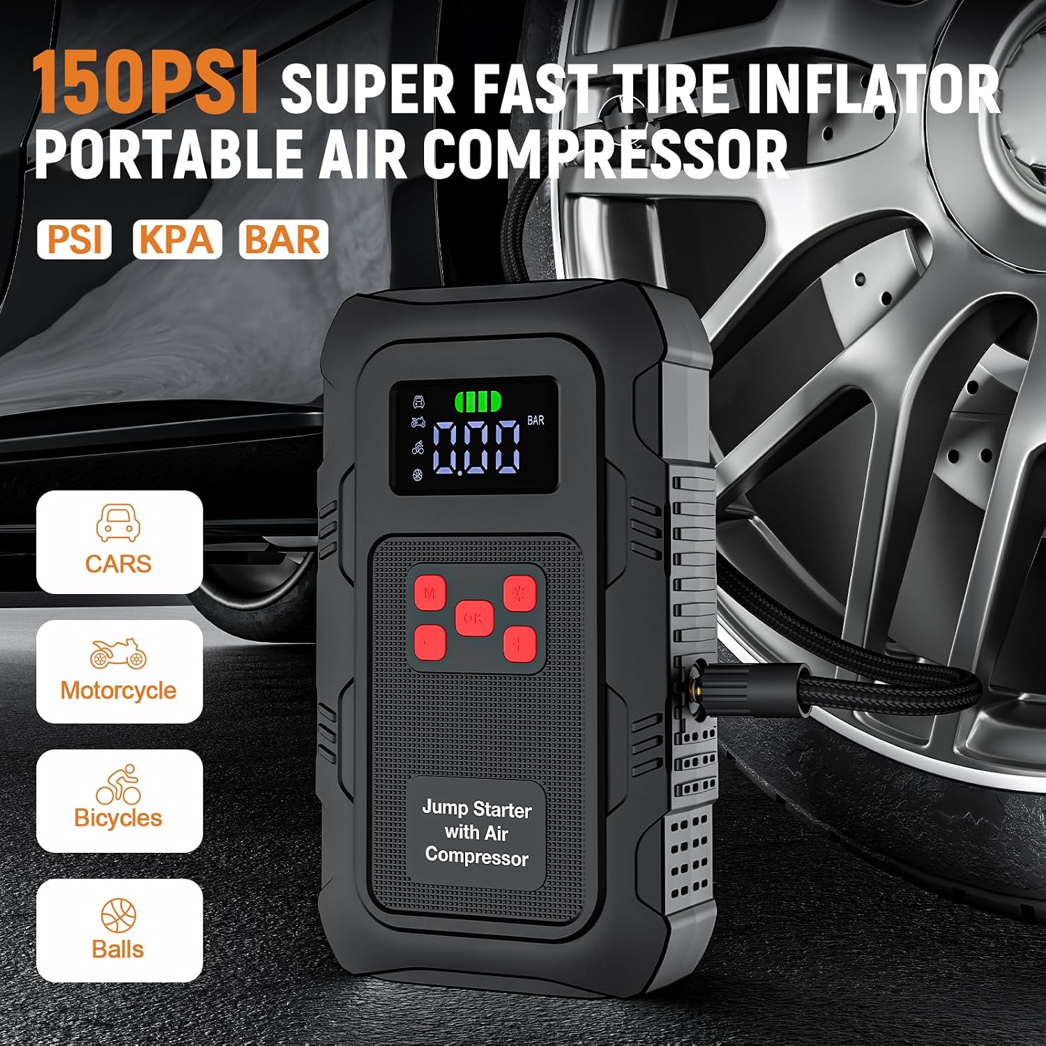 6000A Car Jump Starter with Air Compressor, 150 PSI Tire Inflator, Portable Battery Booster with LCD Display