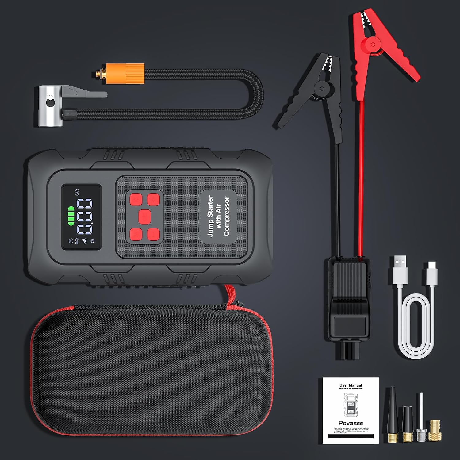6000A Car Jump Starter with Air Compressor, 150 PSI Tire Inflator, Portable Battery Booster with LCD Display