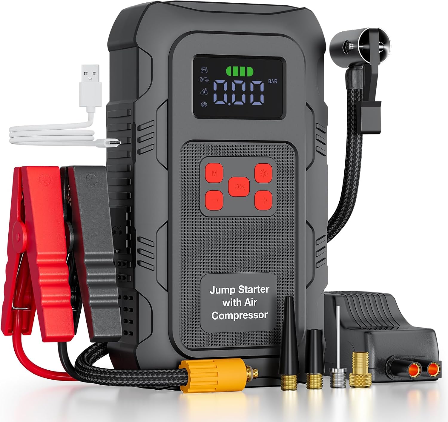 6000A Car Jump Starter with Air Compressor, 150 PSI Tire Inflator, Portable Battery Booster with LCD Display
