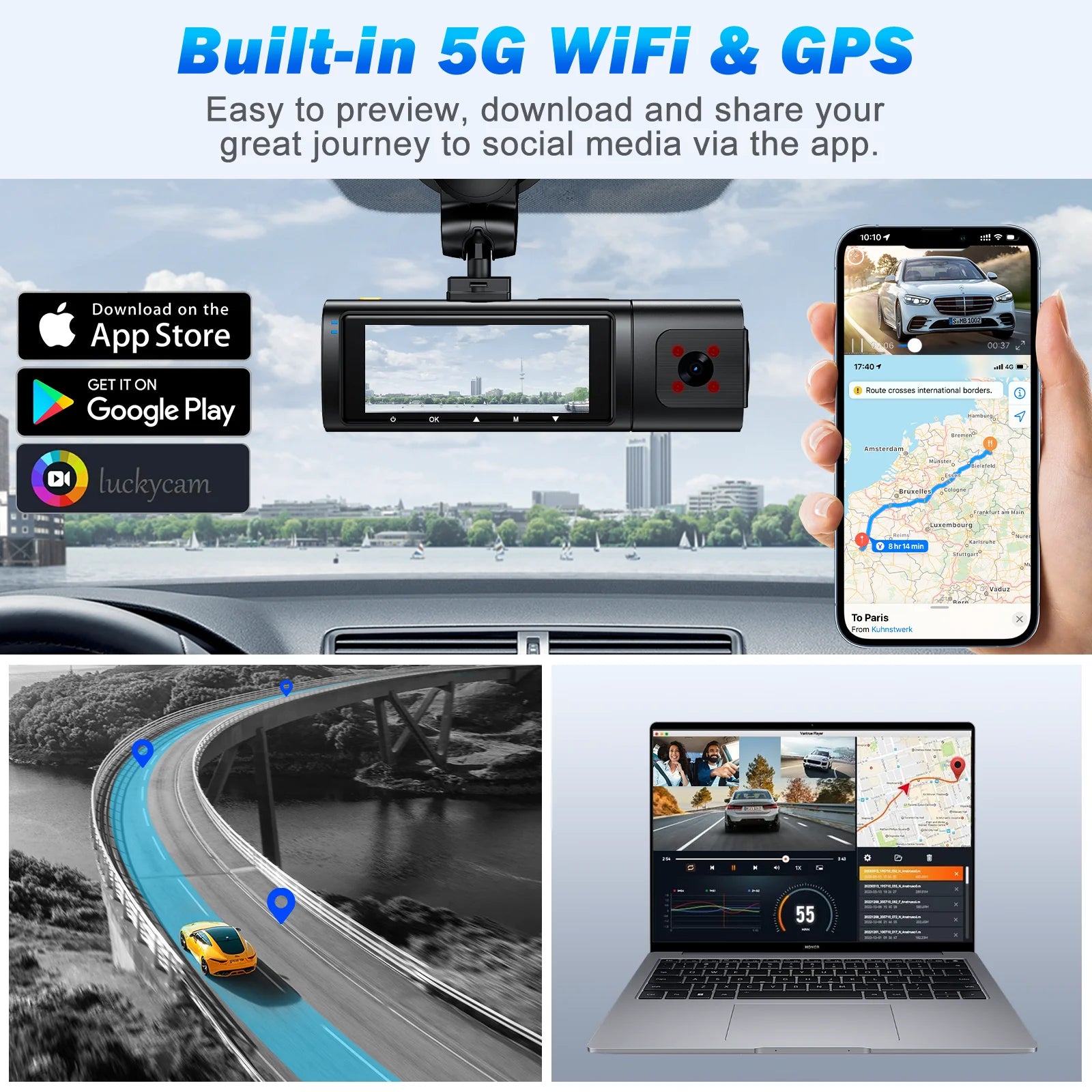 Ultra HD 4K Dash Camera Front & Rear | WiFi, GPS, WDR, Night Vision, Parking Mode