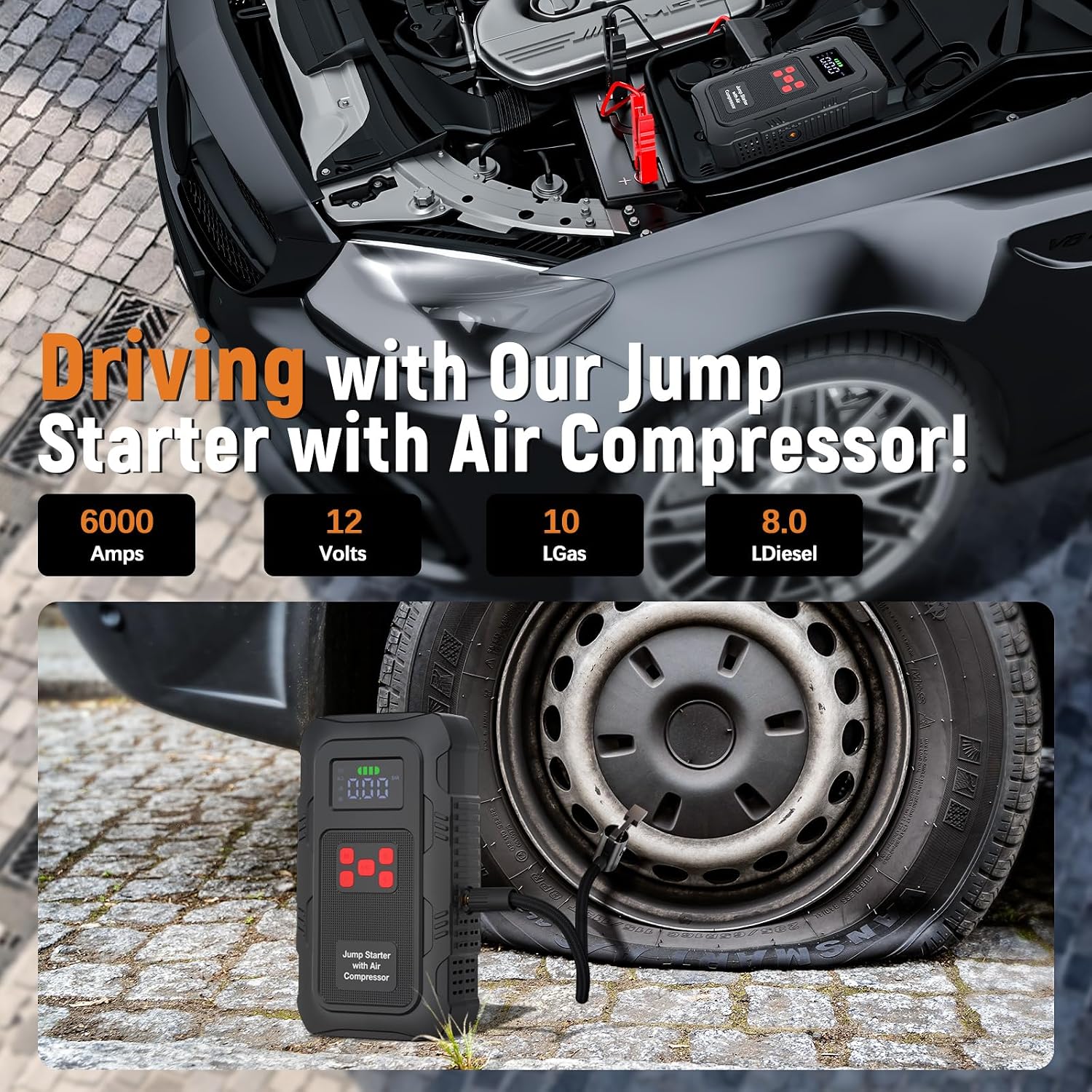 6000A Car Jump Starter with Air Compressor, 150 PSI Tire Inflator, Portable Battery Booster with LCD Display