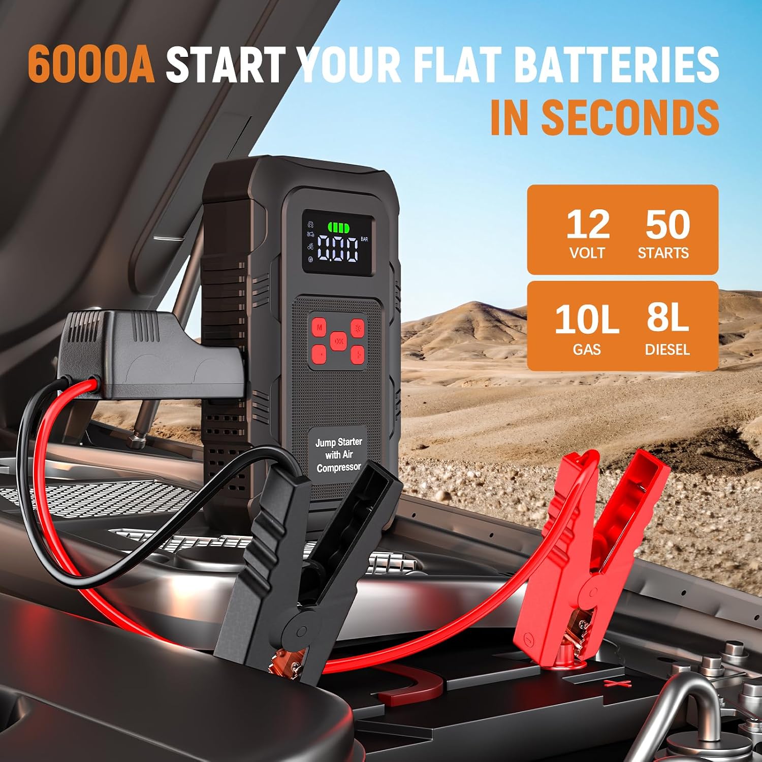 6000A Car Jump Starter with Air Compressor, 150 PSI Tire Inflator, Portable Battery Booster with LCD Display
