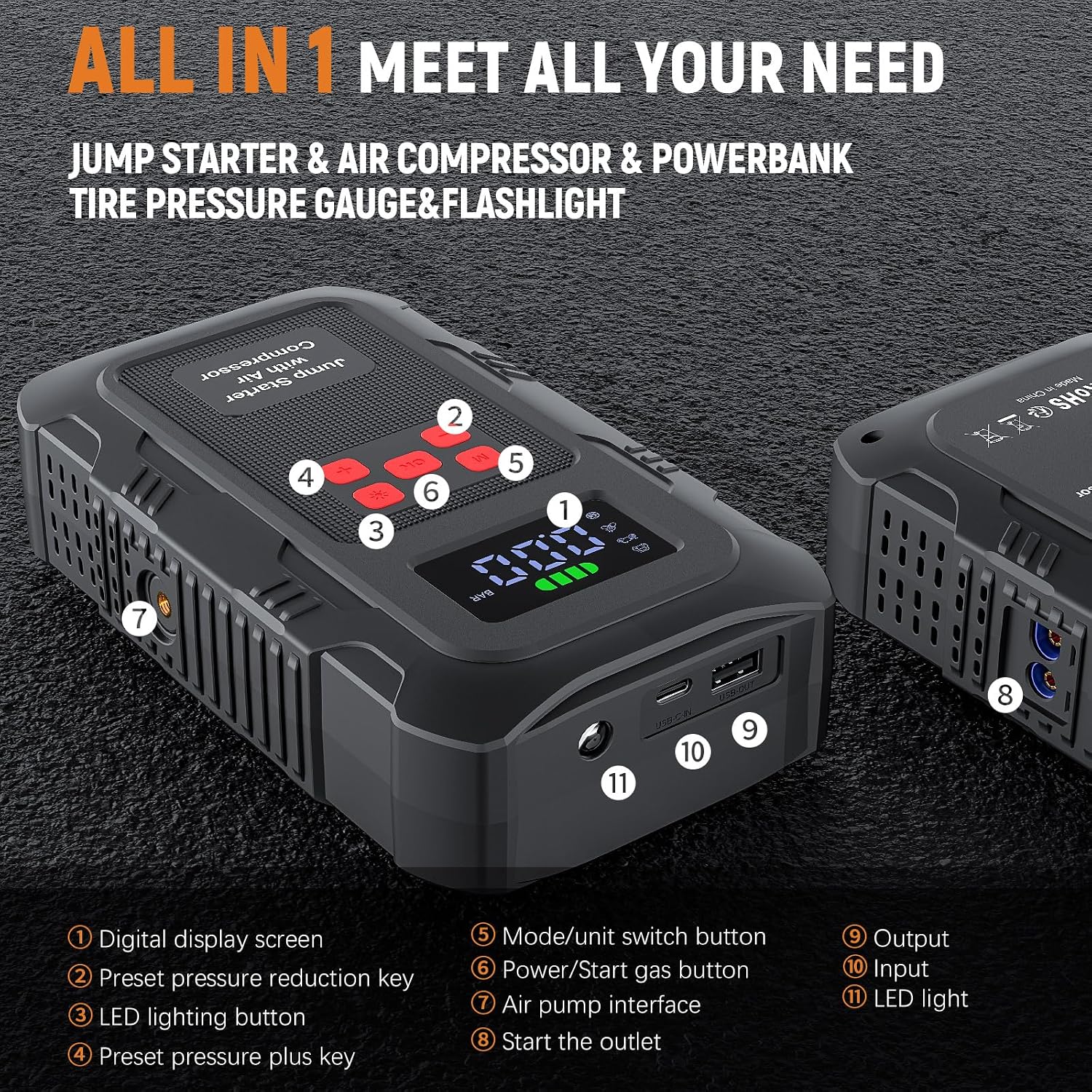 6000A Car Jump Starter with Air Compressor, 150 PSI Tire Inflator, Portable Battery Booster with LCD Display