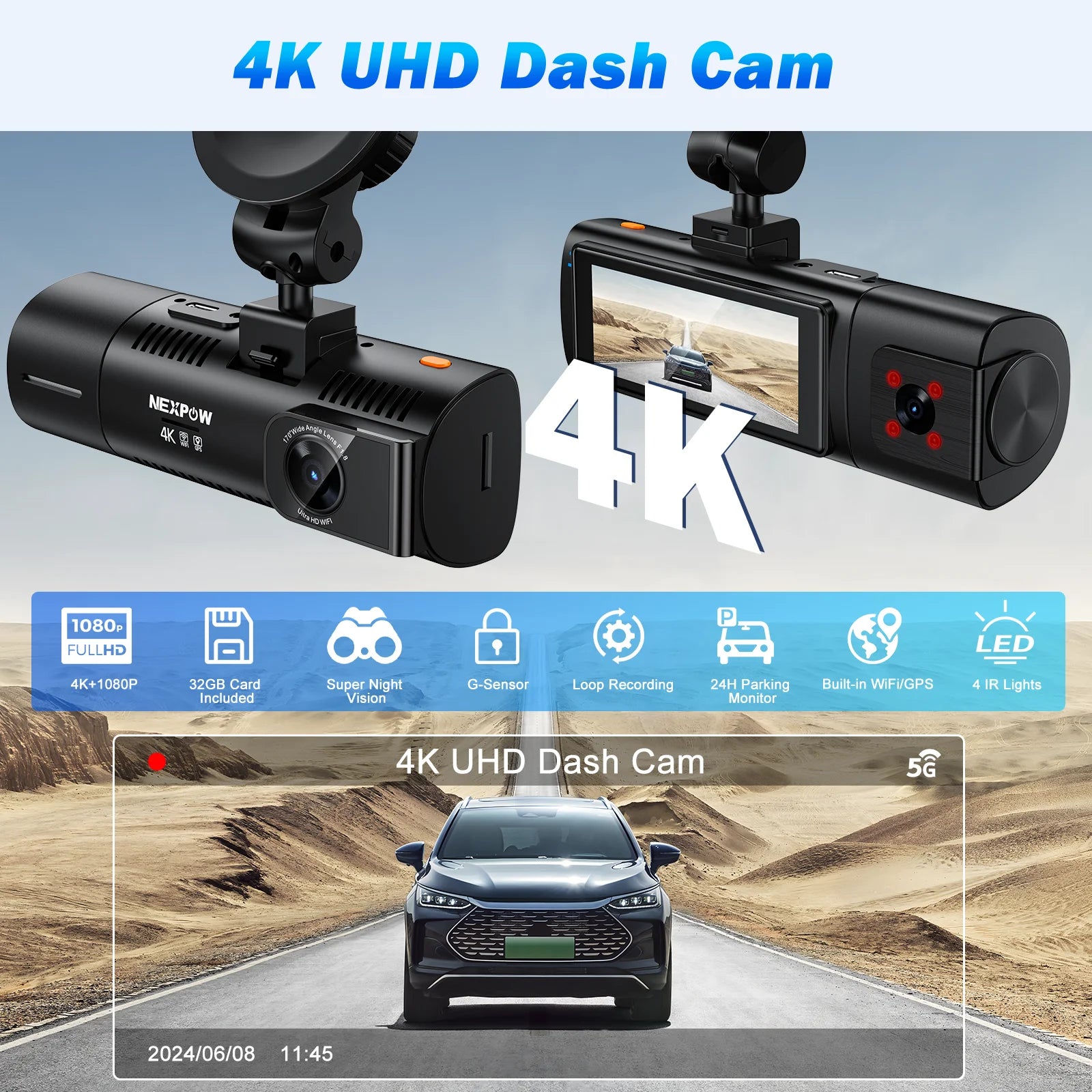 Ultra HD 4K Dash Camera Front & Rear | WiFi, GPS, WDR, Night Vision, Parking Mode